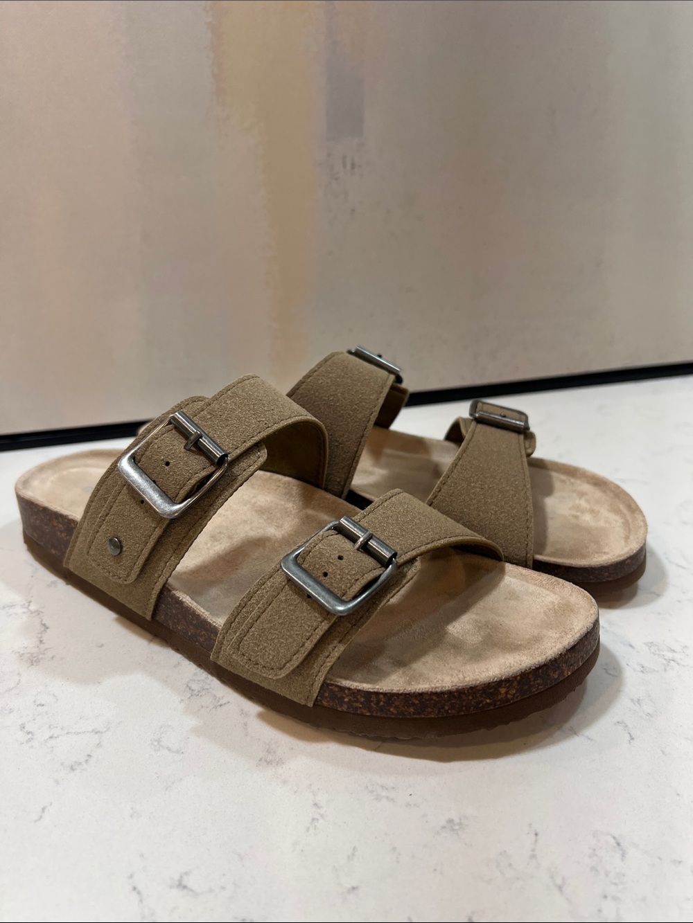 Madden Girl Brando footbed sandals in taupe with double buckled straps size 8